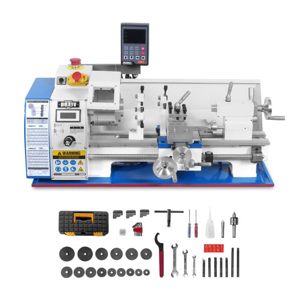 1.5‘’ Spindle Bore Metal Lathe Machine with DRO 8'' x 16'' High Precision Brushless Motor Mini 1.5HP Benchtop 0-2500 RPM Variable Speed Metal Working Machine 1.5‘’ Spindle Bore Small Lathe without Stand 0831VD