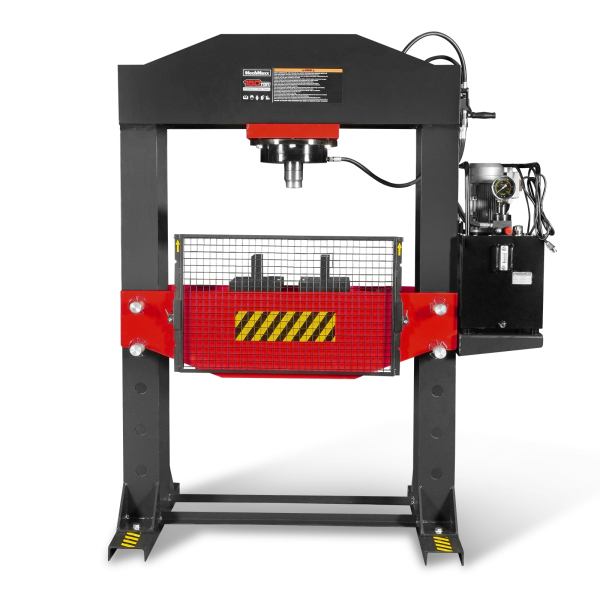 150 Ton H-Frame Electric Hydraulic Shop Press with Double-Acting Cylinder & Chain-Driven Table Lift,  110V Motor,  Fully Welded Steel Frame,  Safety Guard,  HSP150E