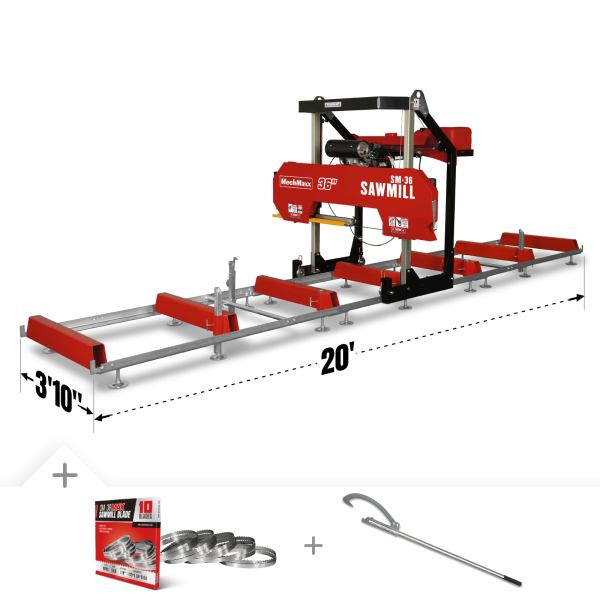 36" MAX Portable Sawmill,  25HP 688cc HONDA GX690 V-Twin Engine,  35" Board Width,  20' Track Length,  (10 x Blades Included),  SM-36HMAX