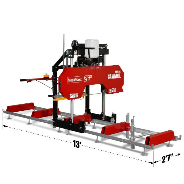 26" Portable Sawmill,  459cc 15HP E-Start Gasoline Engine,  20" Board  Width,  13' Track Length ,  SM-26