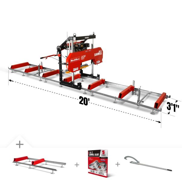 32" Portable Sawmill (5 x Blades Included),  459cc 15HP E-Start Gasoline Engine,  26.5" Board Width,  20' Track Length (13' Track Length + 6.4' Track Extension Included) ,  SM-32