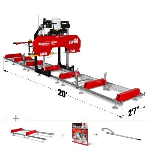 26" Portable Sawmill (5x Blades Included), 459cc 15HP E-Start Gasoline Engine, 20" Board Width, 20' Track Length (13' Track Length + 6.4' Track Extension Included) , SM-26